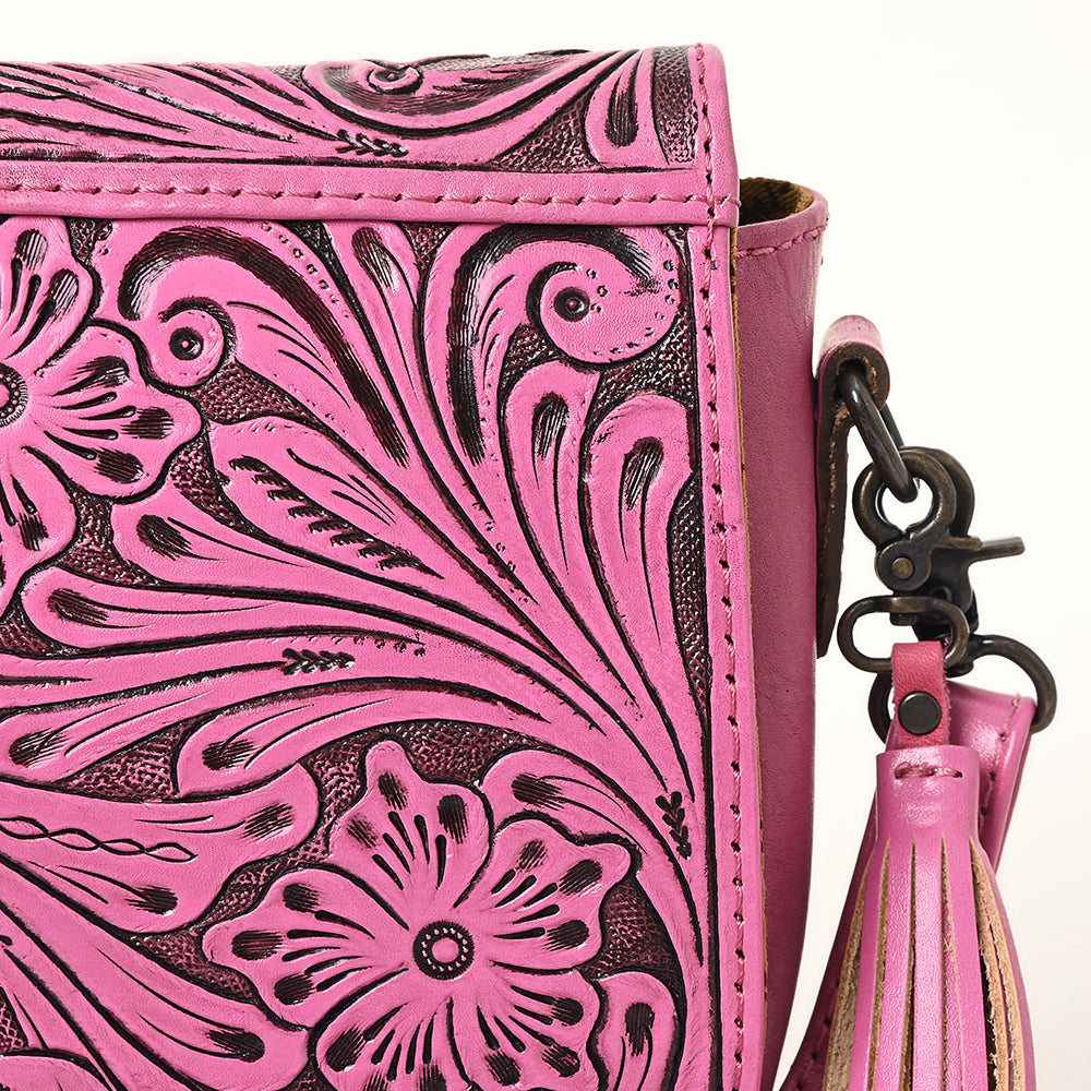 ADBG1439 American Darling Hand-Tooled Western Leather Crossbody Bag - Genuine Leather Pink Tassel Purse