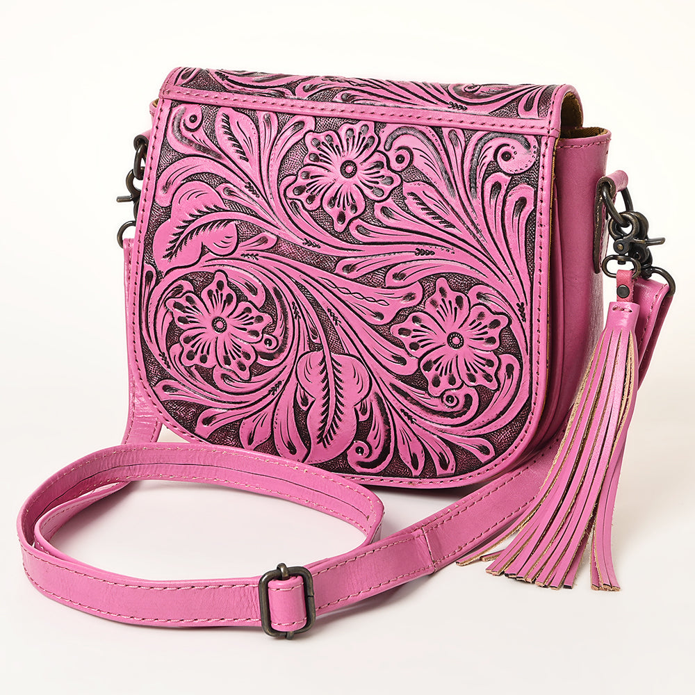 ADBG1439 American Darling Hand-Tooled Western Leather Crossbody Bag - Genuine Leather Pink Tassel Purse