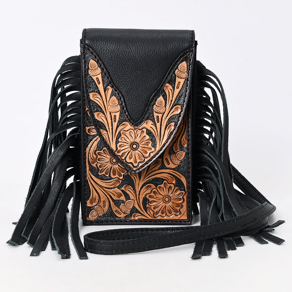 ADBGA537 American Darling Genuine Leather Cell Phone Holder with Hand Tooled Floral Design & Fringe Black