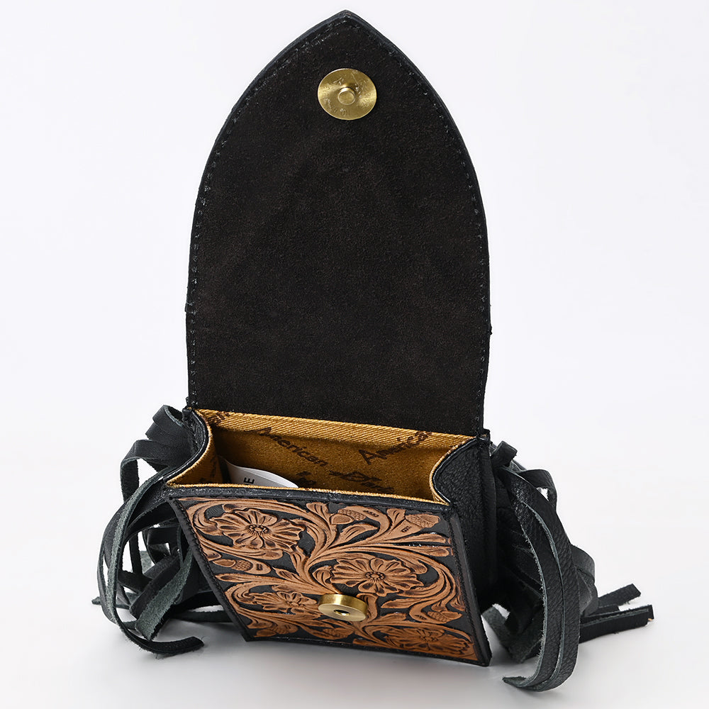 ADBGA537 American Darling Genuine Leather Cell Phone Holder with Hand Tooled Floral Design & Fringe Black