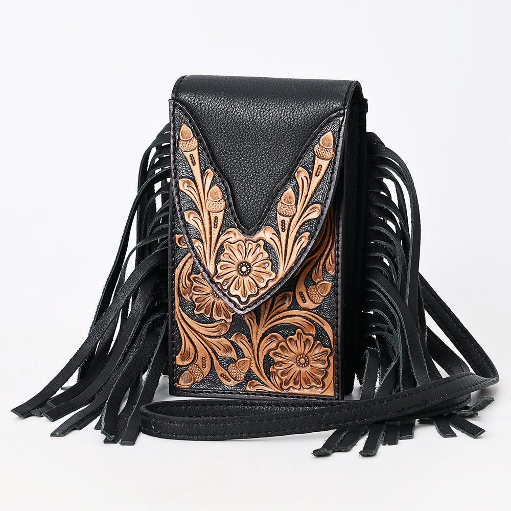 ADBGA537 American Darling Genuine Leather Cell Phone Holder with Hand Tooled Floral Design & Fringe Black