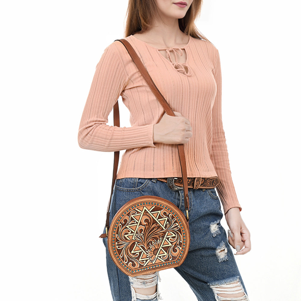 ADBGA538 American Darling Hand Tooled Genuine Leather Canteen Bag with Turquoise Studs Western Crossbody