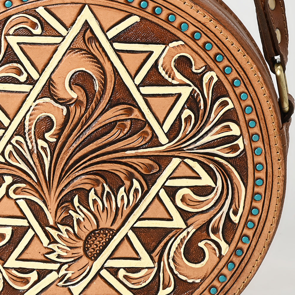 ADBGA538 American Darling Hand Tooled Genuine Leather Canteen Bag with Turquoise Studs Western Crossbody