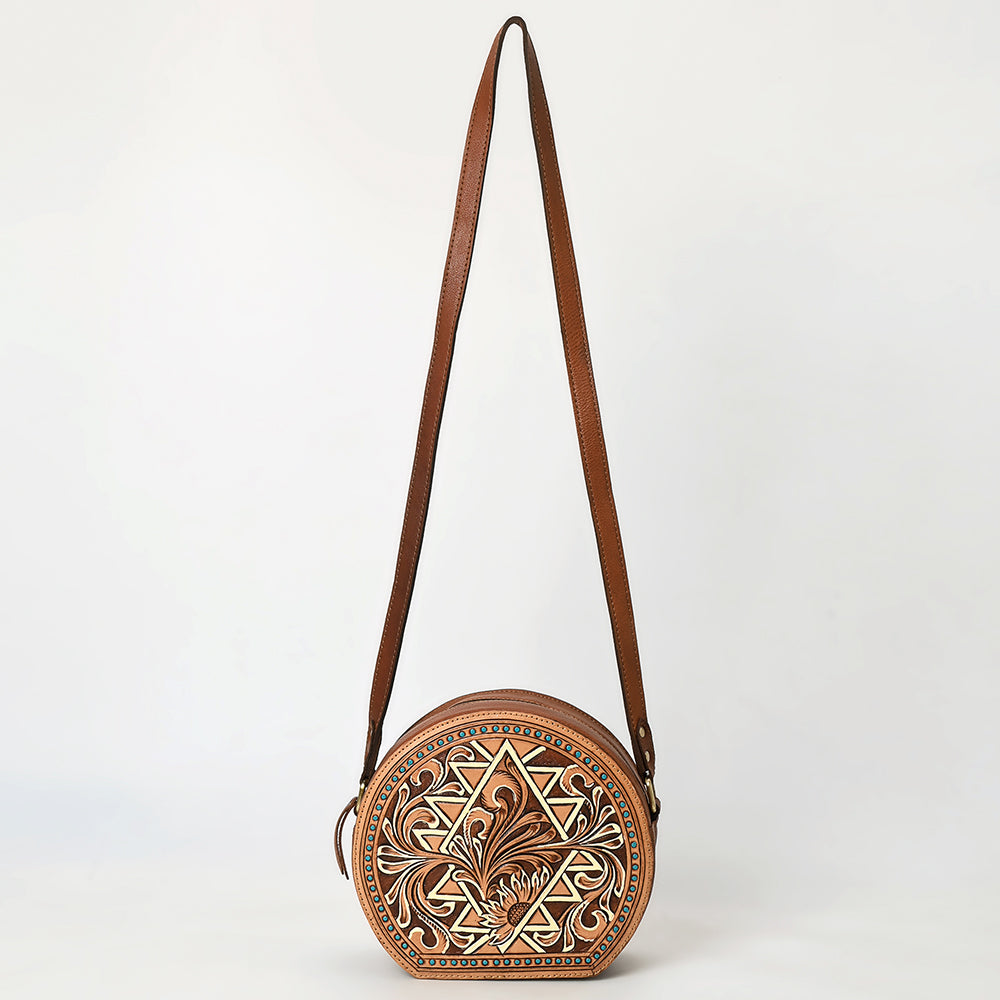ADBGA538 American Darling Hand Tooled Genuine Leather Canteen Bag with Turquoise Studs Western Crossbody