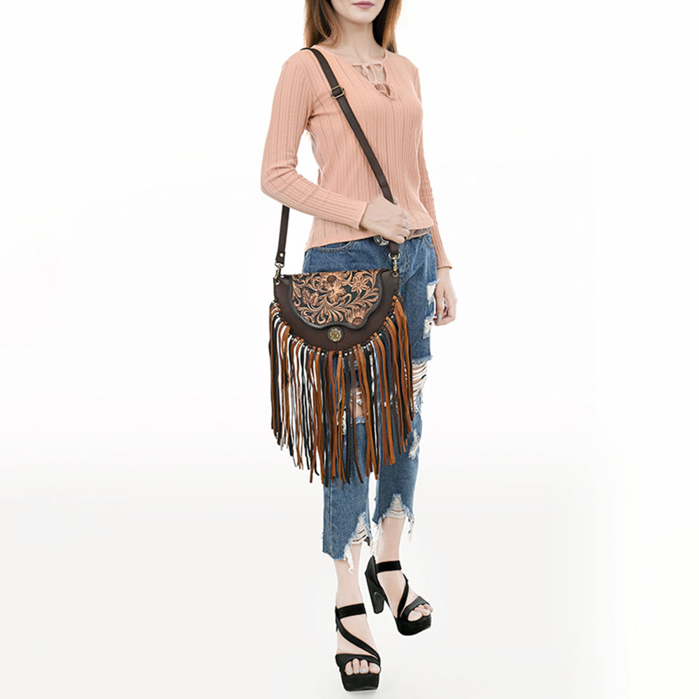 ADBGA540 American Darling Hand Tooled Leather Crossbody Bag with Multi-Tone Fringe & Western Floral Design