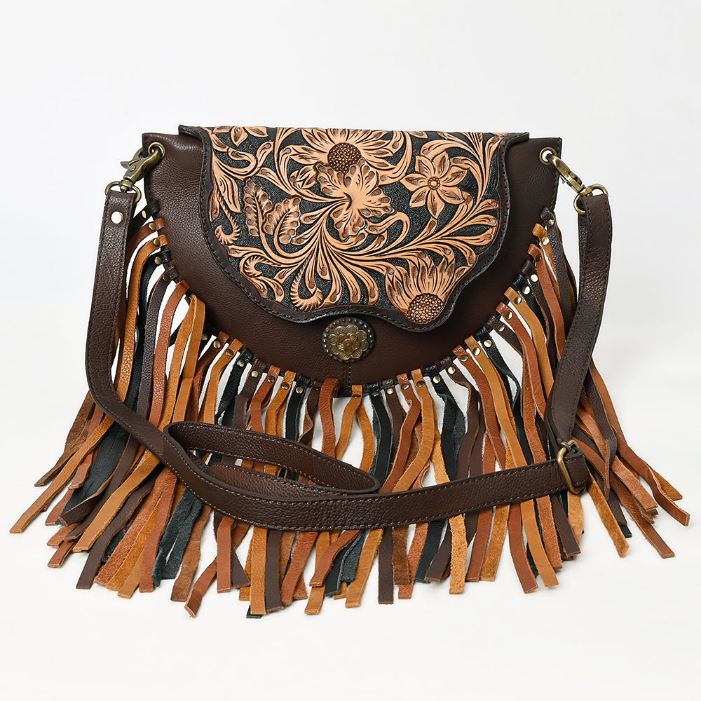 ADBGA540 American Darling Hand Tooled Leather Crossbody Bag with Multi-Tone Fringe & Western Floral Design