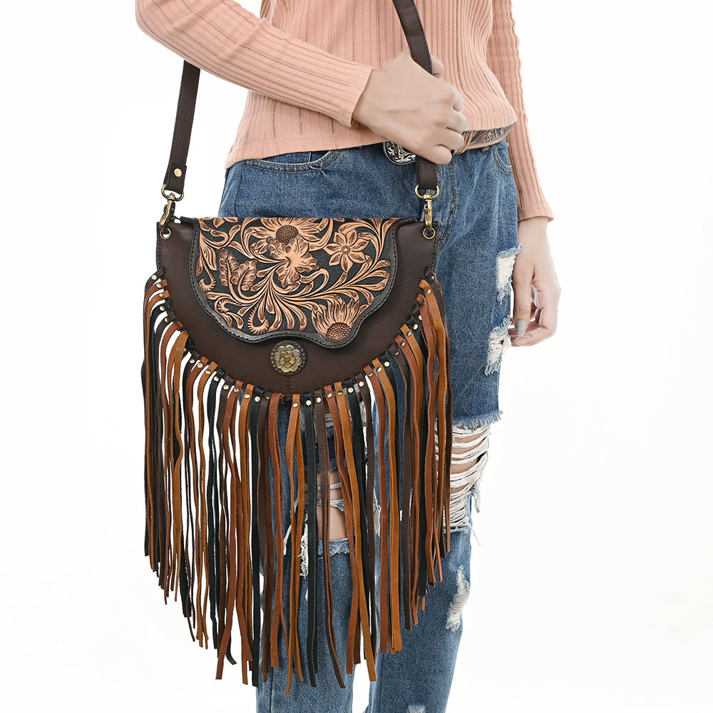 ADBGA540 American Darling Hand Tooled Leather Crossbody Bag with Multi-Tone Fringe & Western Floral Design