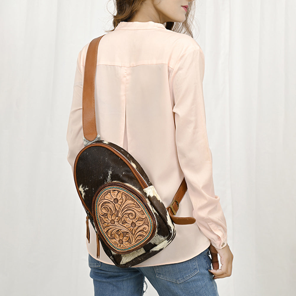 ADBGA548 American Darling Genuine Cowhide & Tooled Leather Sling Bag Western Crossbody Backpack