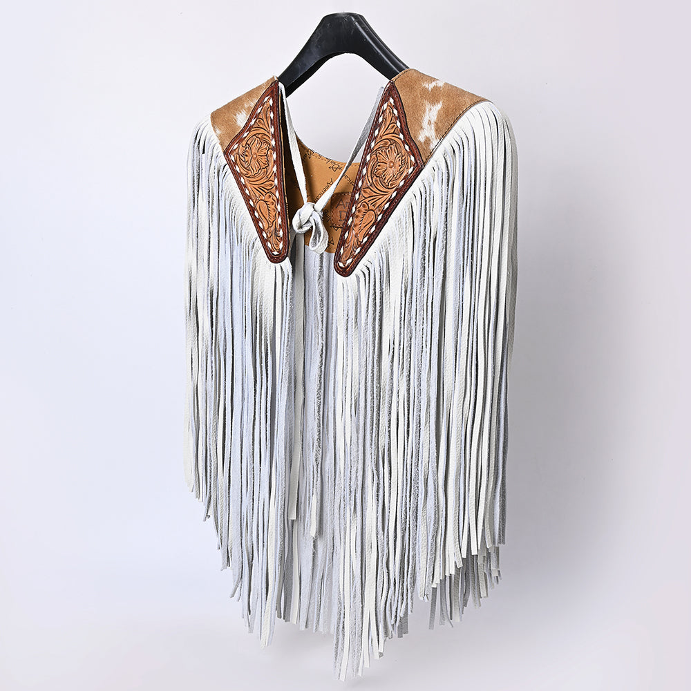 ADJW111 Western Fringe Shoulder Yoke with Hand-Tooled Leather & Cowhide Accent Jewelry Necklace