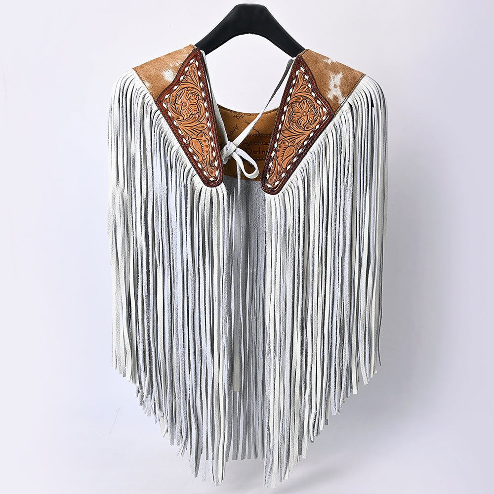 ADJW111 Western Fringe Shoulder Yoke with Hand-Tooled Leather & Cowhide Accent Jewelry Necklace