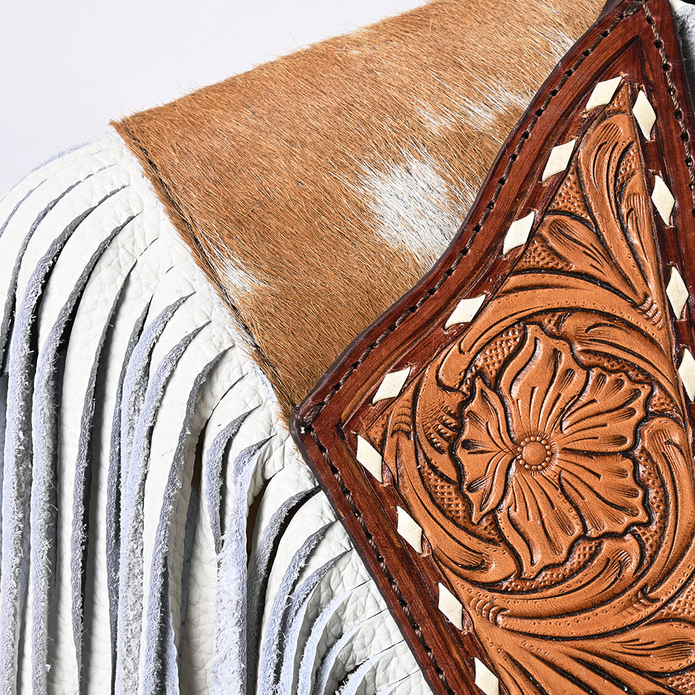 ADJW111 Western Fringe Shoulder Yoke with Hand-Tooled Leather & Cowhide Accent Jewelry Necklace