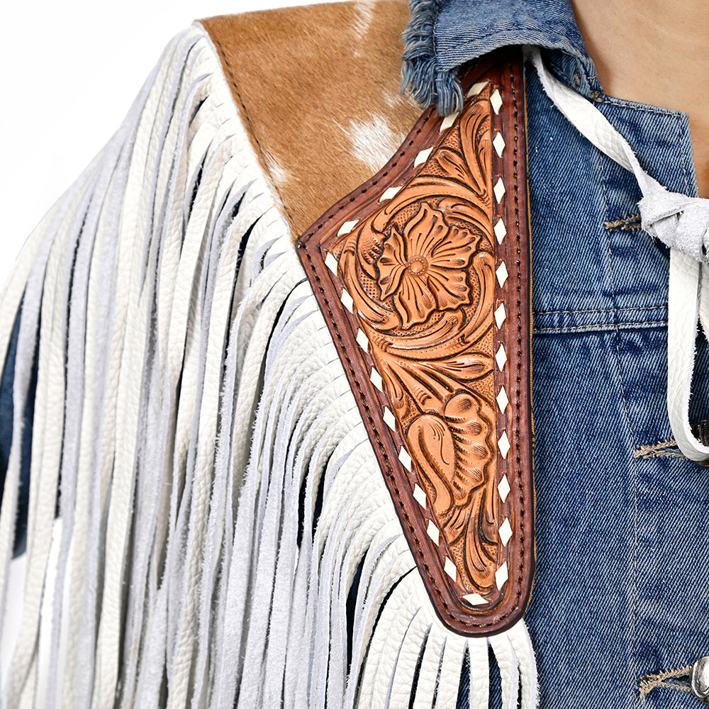 ADJW111 Western Fringe Shoulder Yoke with Hand-Tooled Leather & Cowhide Accent Jewelry Necklace