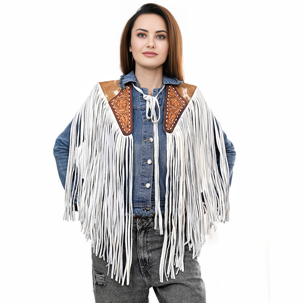 ADJW111 Western Fringe Shoulder Yoke with Hand-Tooled Leather & Cowhide Accent Jewelry Necklace