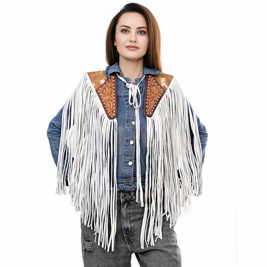 ADJW111 Western Fringe Shoulder Yoke with Hand-Tooled Leather & Cowhide Accent Jewelry Necklace