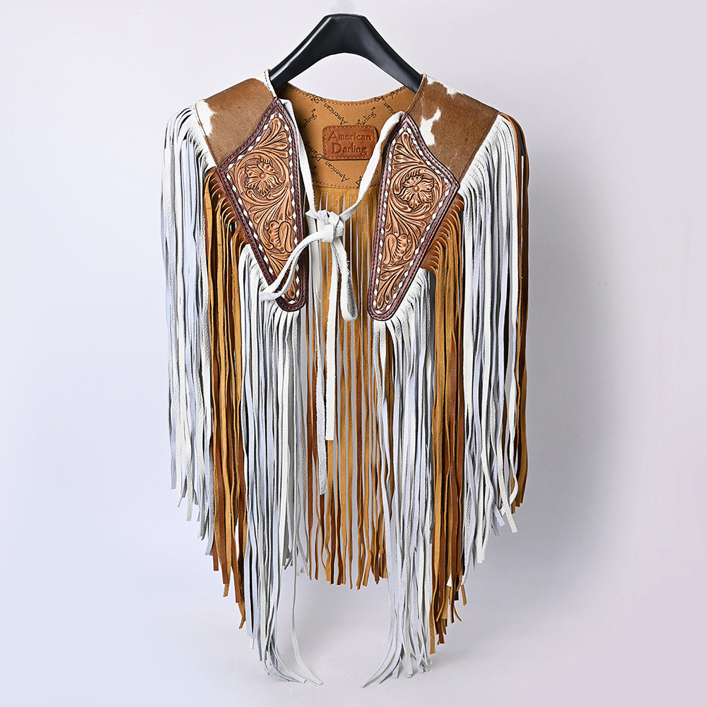 ADJW111 Western Fringe Shoulder Yoke with Hand-Tooled Leather & Cowhide Accent Jewelry Necklace