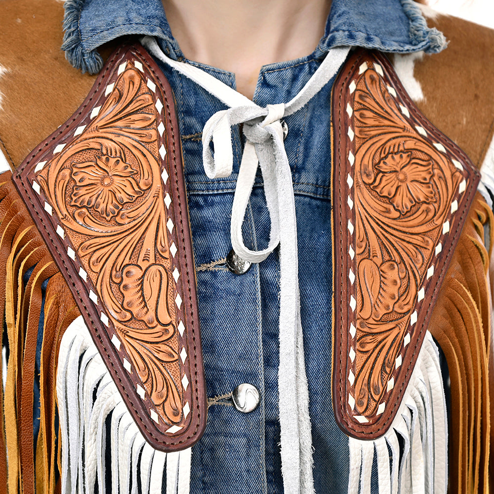 ADJW111 Western Fringe Shoulder Yoke with Hand-Tooled Leather & Cowhide Accent Jewelry Necklace