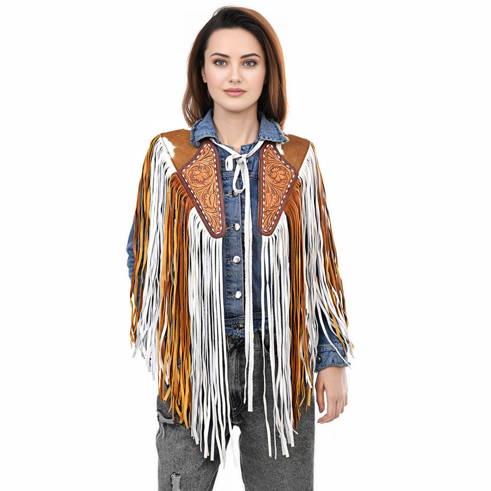 ADJW111 Western Fringe Shoulder Yoke with Hand-Tooled Leather & Cowhide Accent Jewelry Necklace