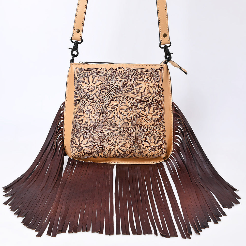 ADBGZ826 Hand-Tooled Leather Fringe Messenger Bag Western Floral Saddle Style