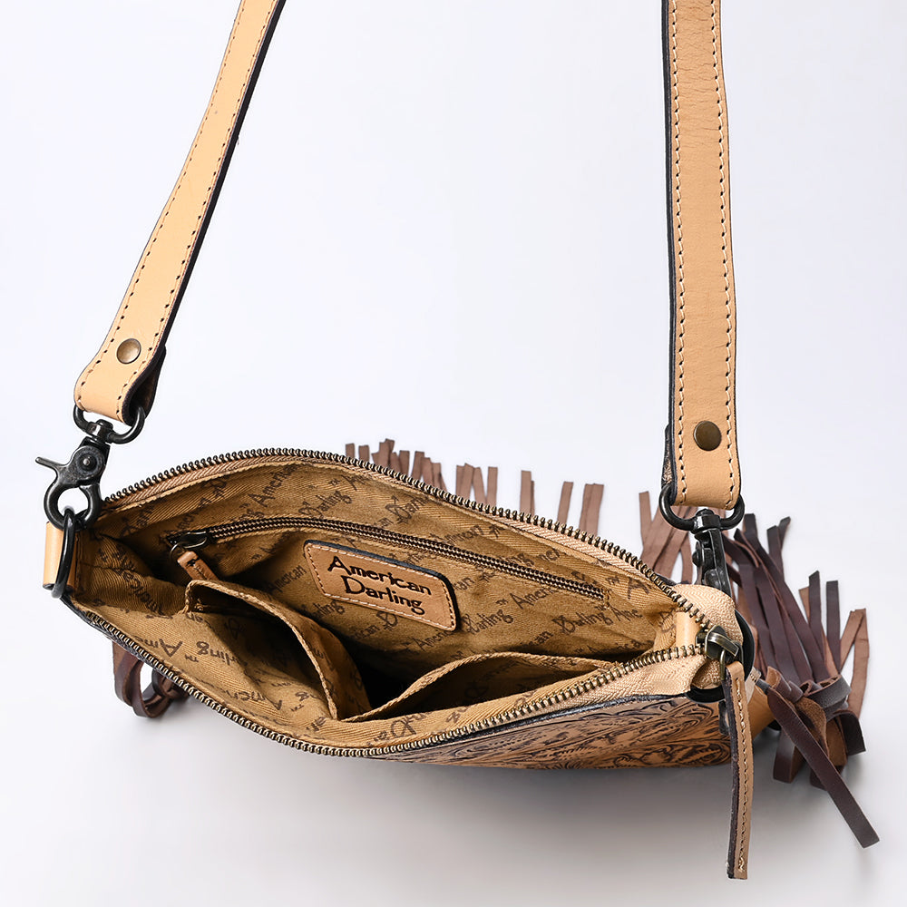 ADBGZ826 Hand-Tooled Leather Fringe Messenger Bag Western Floral Saddle Style