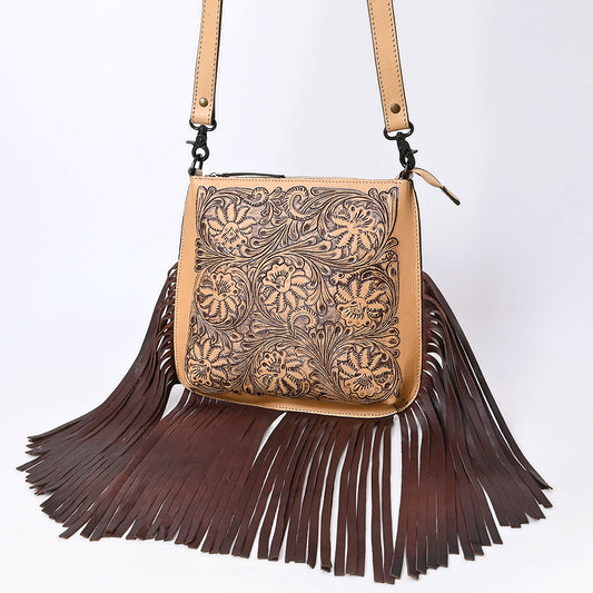 ADBGZ826 Hand-Tooled Leather Fringe Messenger Bag Western Floral Saddle Style