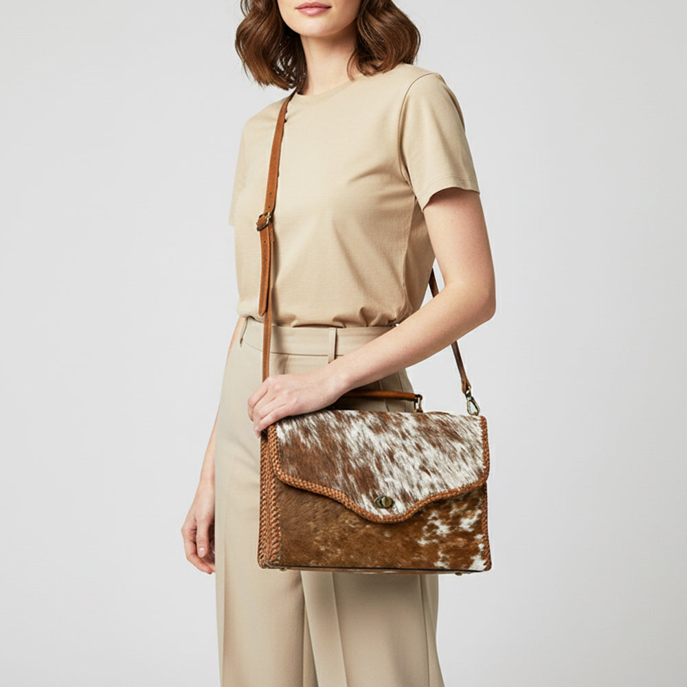 ADBGM399 Hair-On Cowhide Leather Messenger Bag with Braided Trim - American Darling