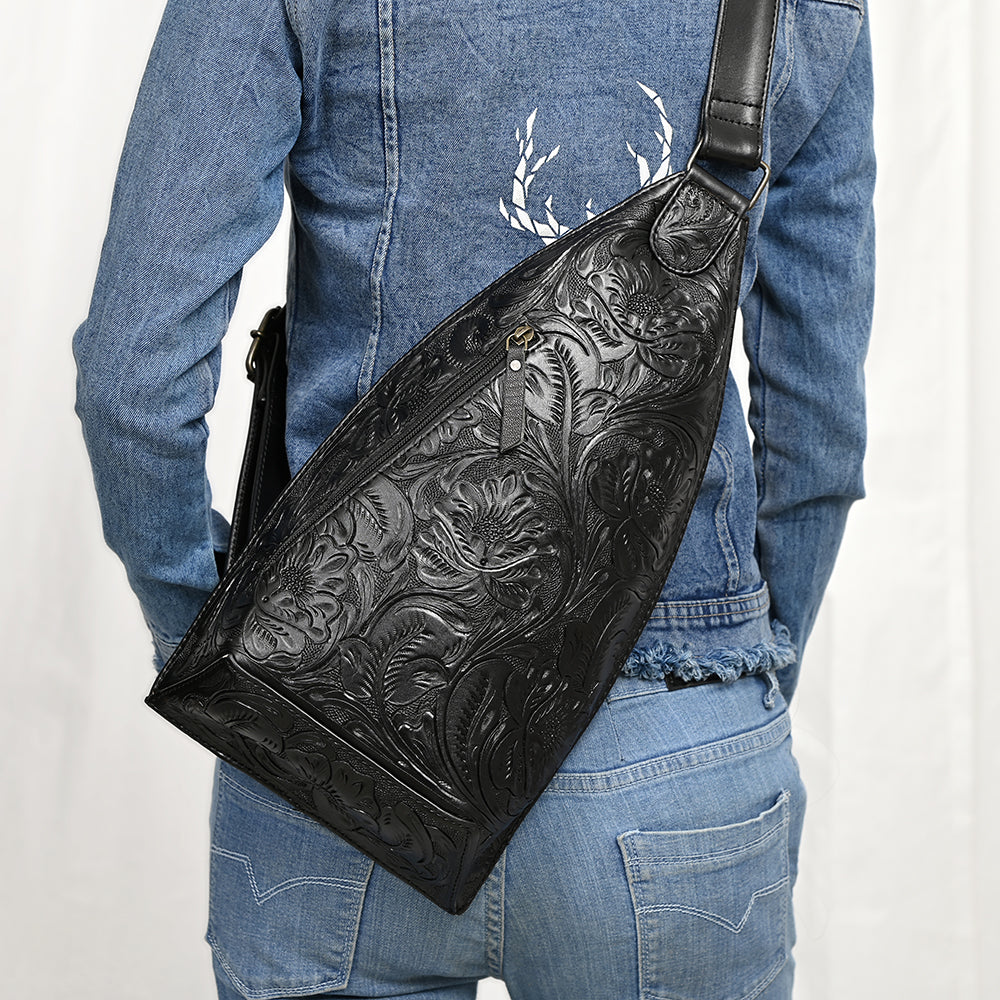 ADBG1443 American Darling Hand-Tooled Western Leather Sling Bag - Midnight Floral Crossbody