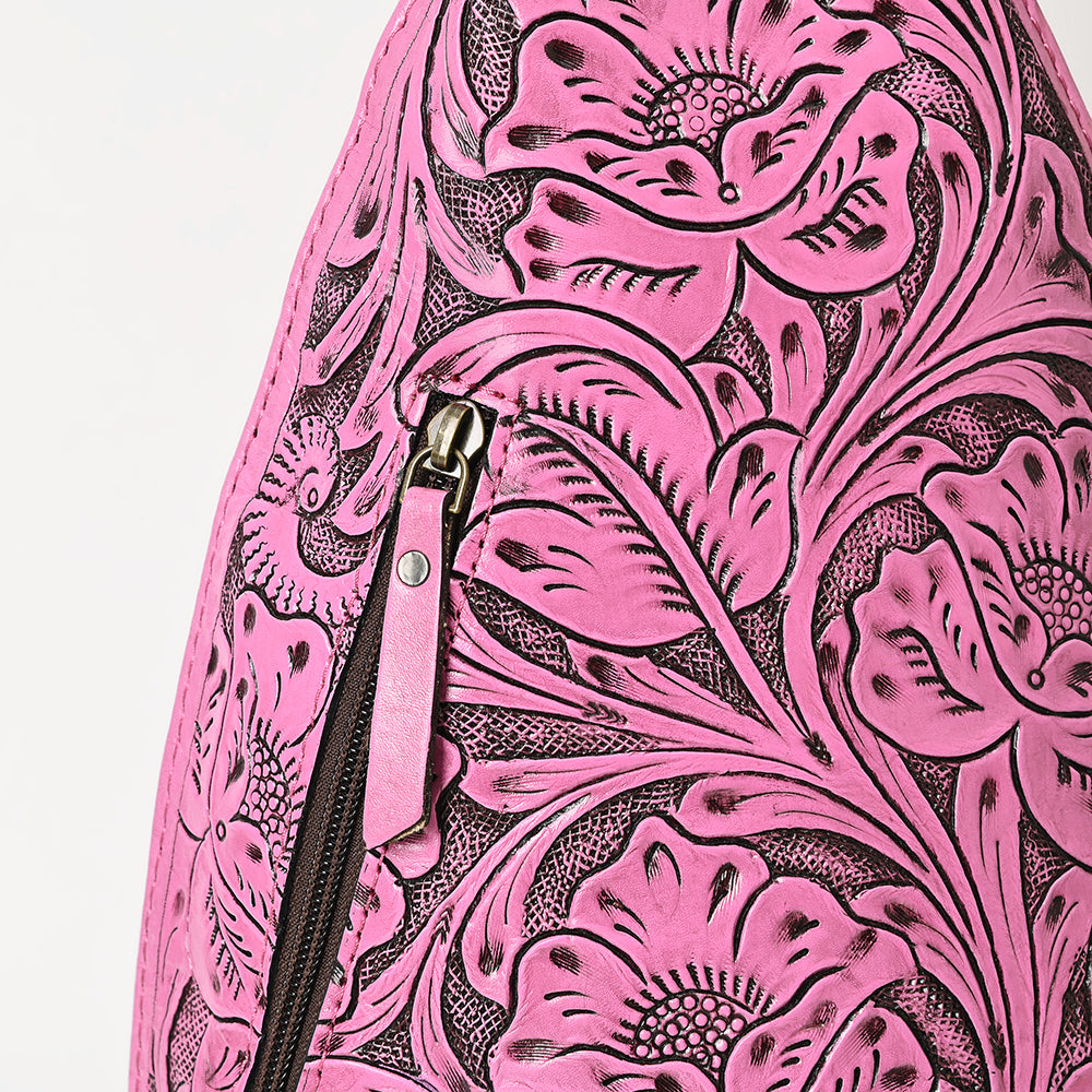 ADBG1443 American Darling Pink Hand Tooled Leather Sling Bag - Western Floral Carved Crossbody