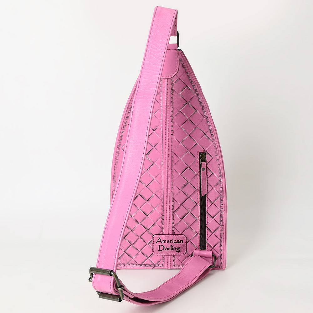 ADBG1443 American Darling Pink Hand Tooled Leather Sling Bag - Western Floral Carved Crossbody