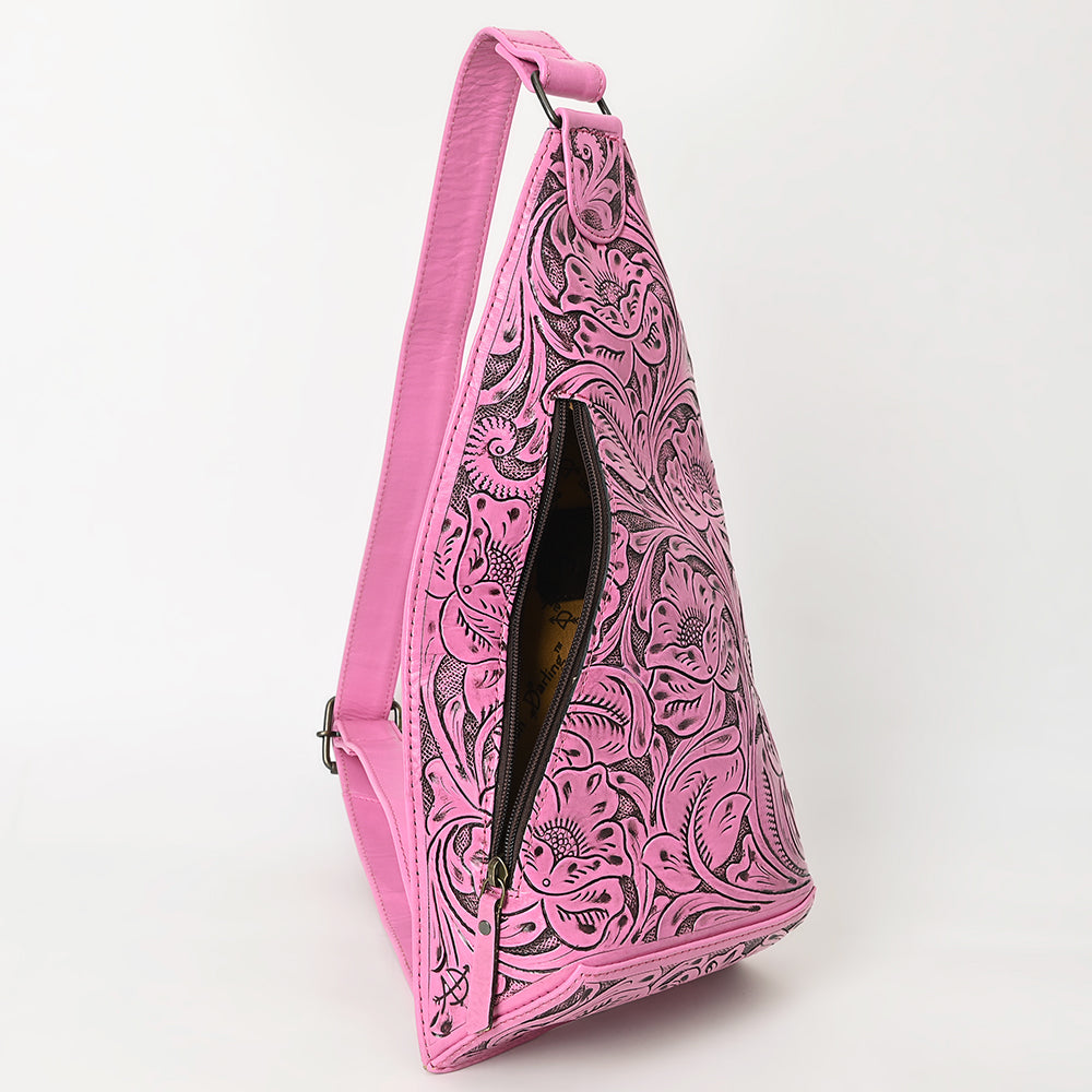 ADBG1443 American Darling Pink Hand Tooled Leather Sling Bag - Western Floral Carved Crossbody