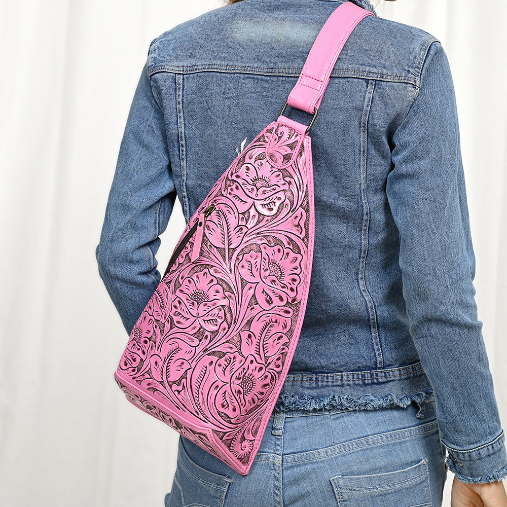 ADBG1443 American Darling Pink Hand Tooled Leather Sling Bag - Western Floral Carved Crossbody