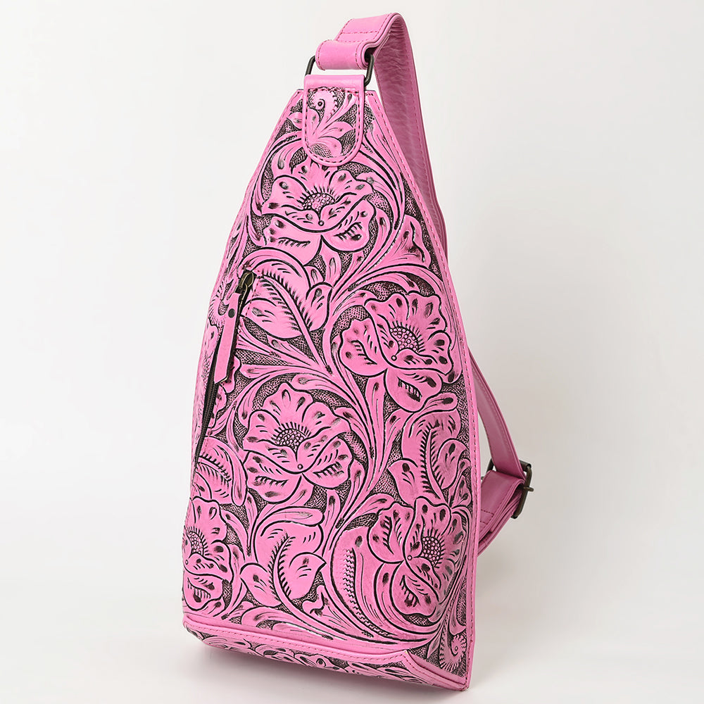 ADBG1443 American Darling Pink Hand Tooled Leather Sling Bag - Western Floral Carved Crossbody