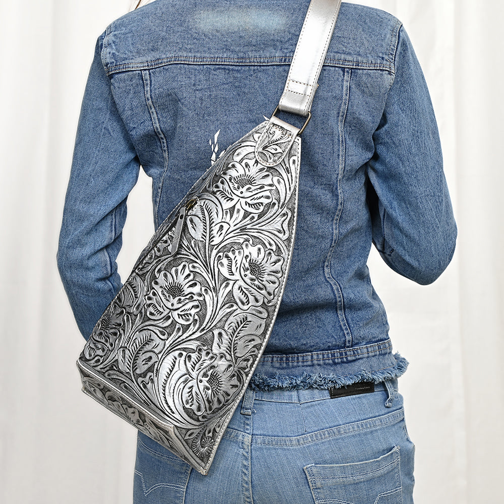 ADBG1443 American Darling Hand-Tooled Western Leather Sling Bag - Midnight Floral Crossbody