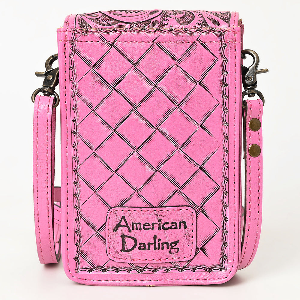 ADBG1448 American Darling Pink Western Leather Cell Phone Holder - Hand-Tooled Floral Genuine Leather Crossbody