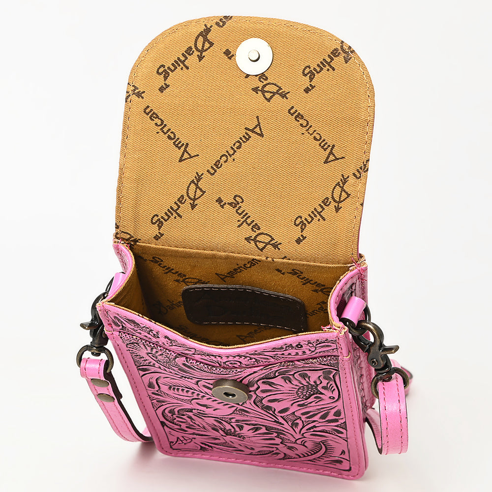 ADBG1448 American Darling Pink Western Leather Cell Phone Holder - Hand-Tooled Floral Genuine Leather Crossbody