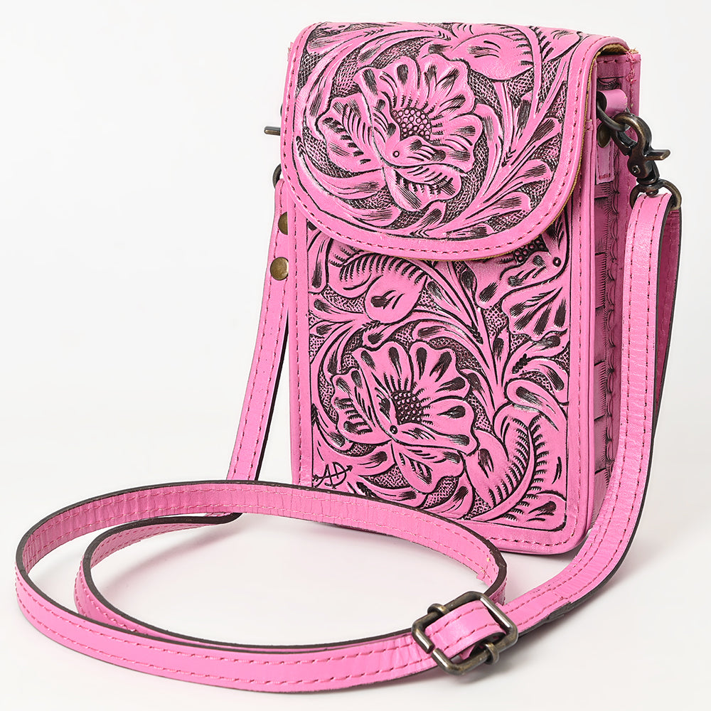 ADBG1448 American Darling Pink Western Leather Cell Phone Holder - Hand-Tooled Floral Genuine Leather Crossbody