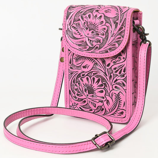 ADBG1448 American Darling Pink Western Leather Cell Phone Holder - Hand-Tooled Floral Genuine Leather Crossbody