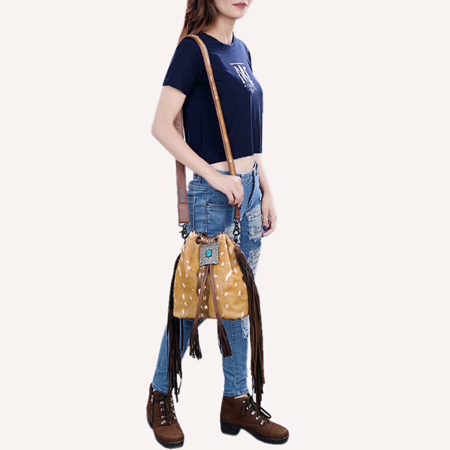 ADBG1272 American Darling Hair-On Cowhide Bucket Bag | Western Fringe Purse
