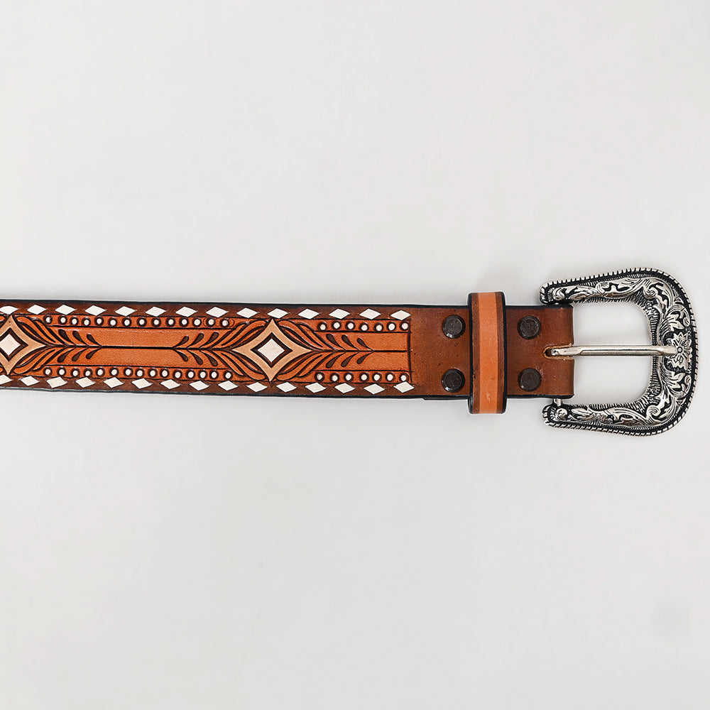 ADBLF247 Geometric Tooled Leather Western Belt with Whipstitch Edge and Engraved Buckle