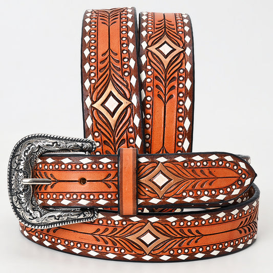ADBLF247 Geometric Tooled Leather Western Belt with Whipstitch Edge and Engraved Buckle