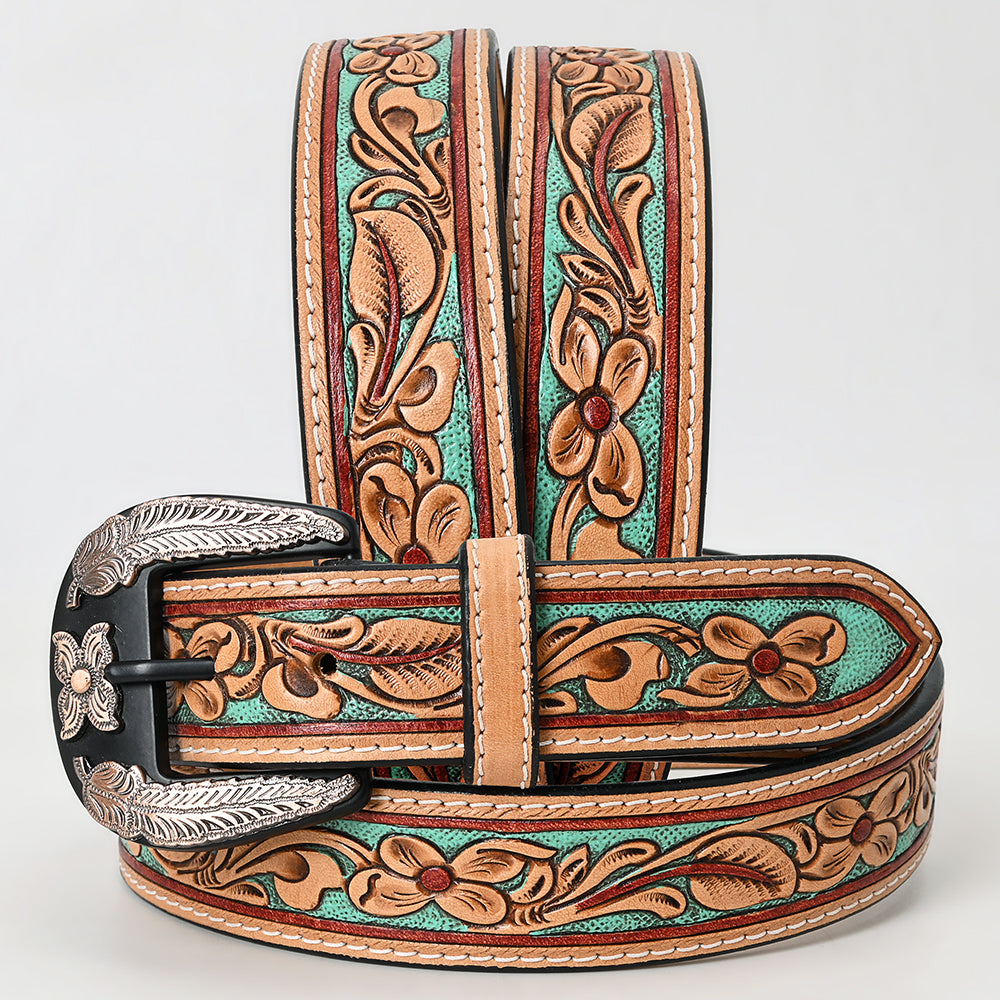 ADBLF248 Mint Green Floral Tooled Leather Belt with Decorative Silver Buckle