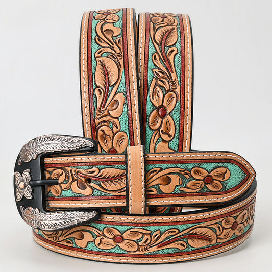 ADBLF248 Mint Green Floral Tooled Leather Belt with Decorative Silver Buckle