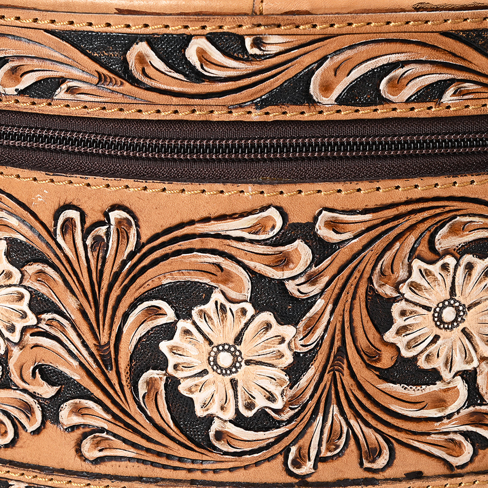 ADBGA412 Western Hand Tooled Leather Jewelry Case Oval Floral Organizer (Tan)