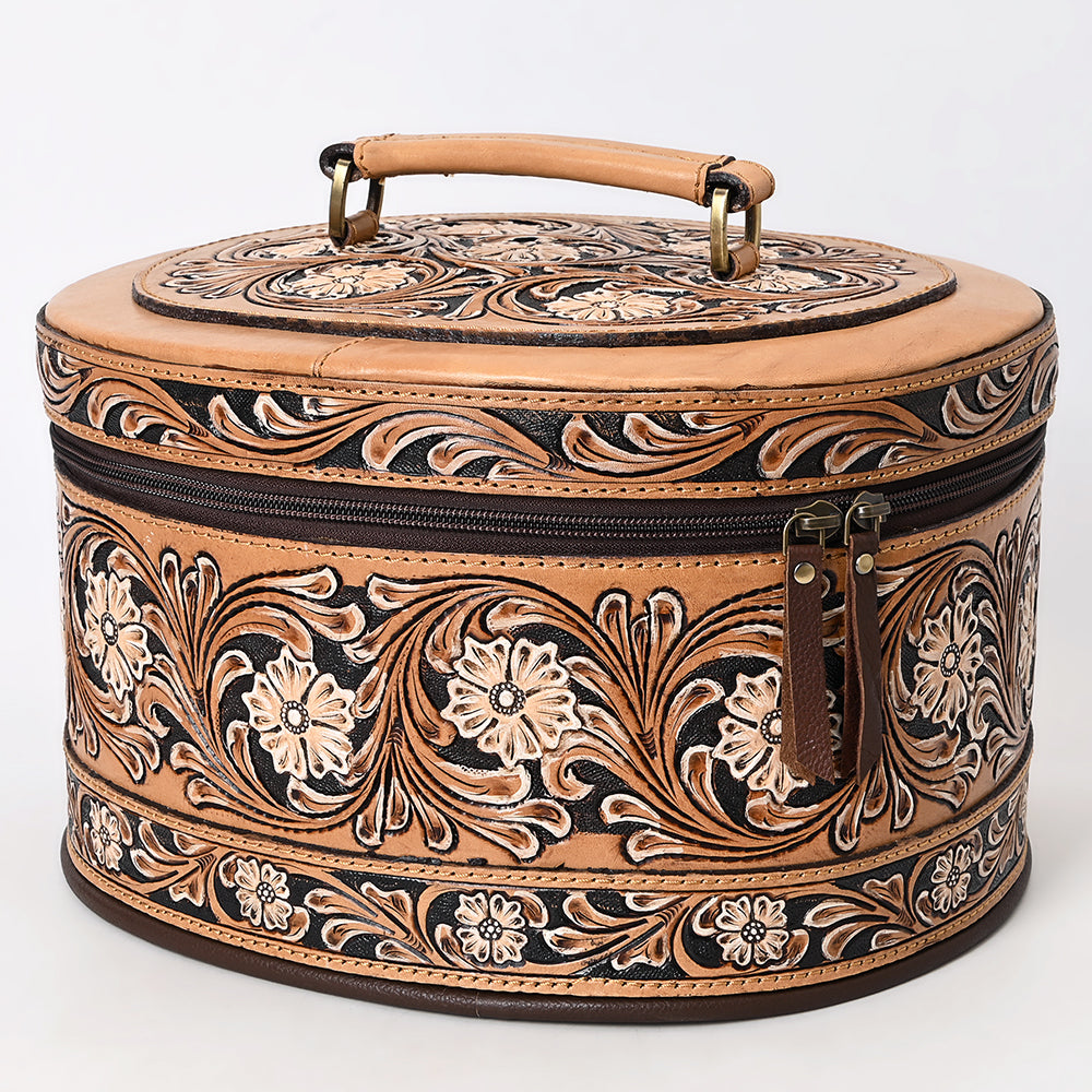 ADBGA412 Western Hand Tooled Leather Jewelry Case Oval Floral Organizer (Tan)