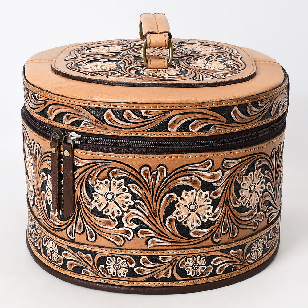 ADBGA412 Western Hand Tooled Leather Jewelry Case Oval Floral Organizer (Tan)