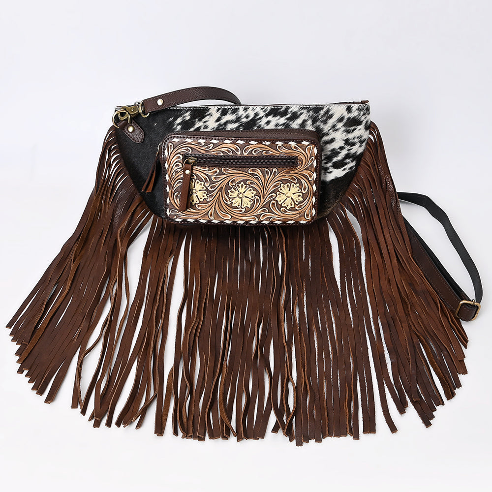 ADBGA550 American Darling Western Fanny Pack Cowhide Leather with Hand-Tooled Floral Pocket & Fringe