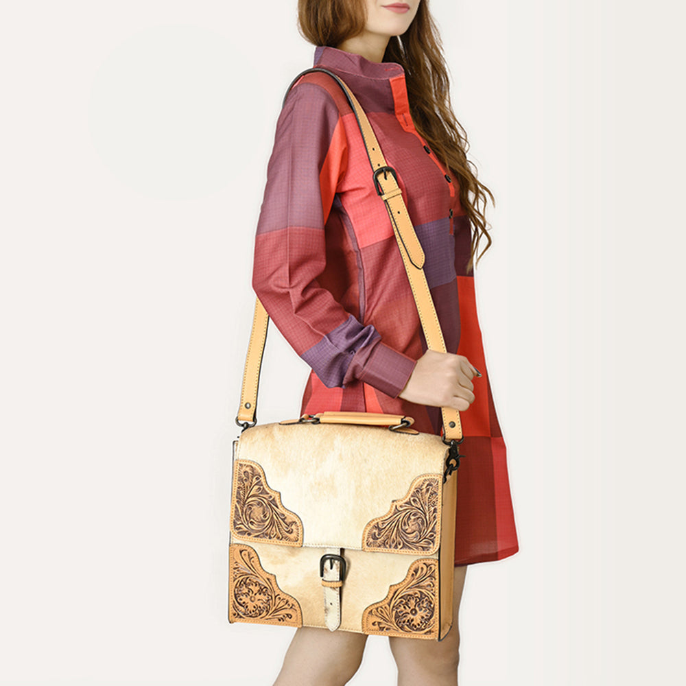 ADBGZ827 Cowhide & Hand-Tooled Leather Western Briefcase Bag - Natural Hair-On with Floral Accents