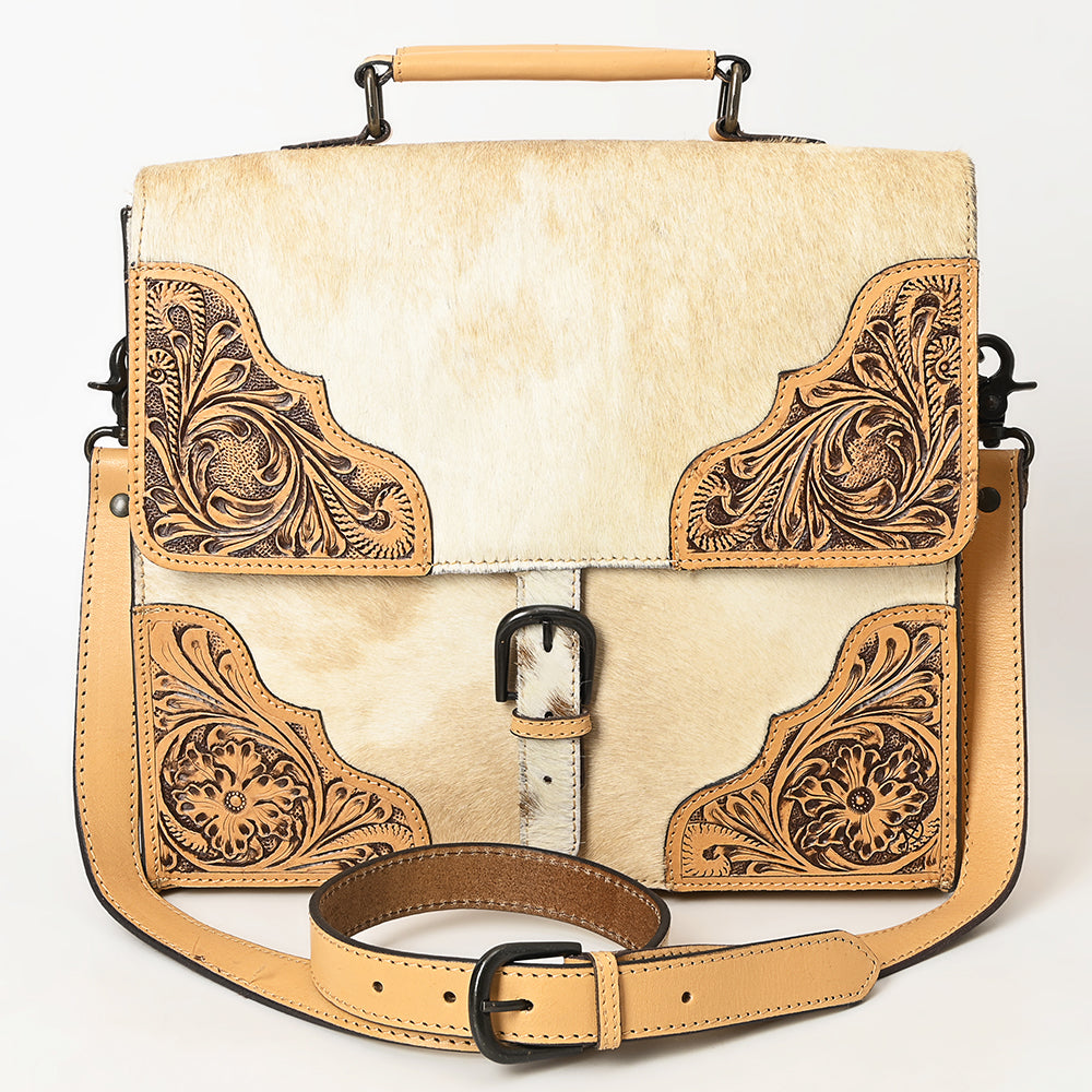 ADBGZ827 Cowhide & Hand-Tooled Leather Western Briefcase Bag - Natural Hair-On with Floral Accents