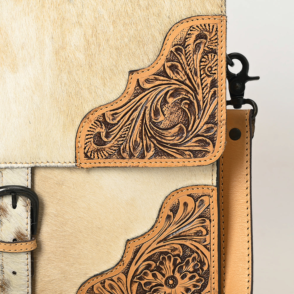 ADBGZ827 Cowhide & Hand-Tooled Leather Western Briefcase Bag - Natural Hair-On with Floral Accents