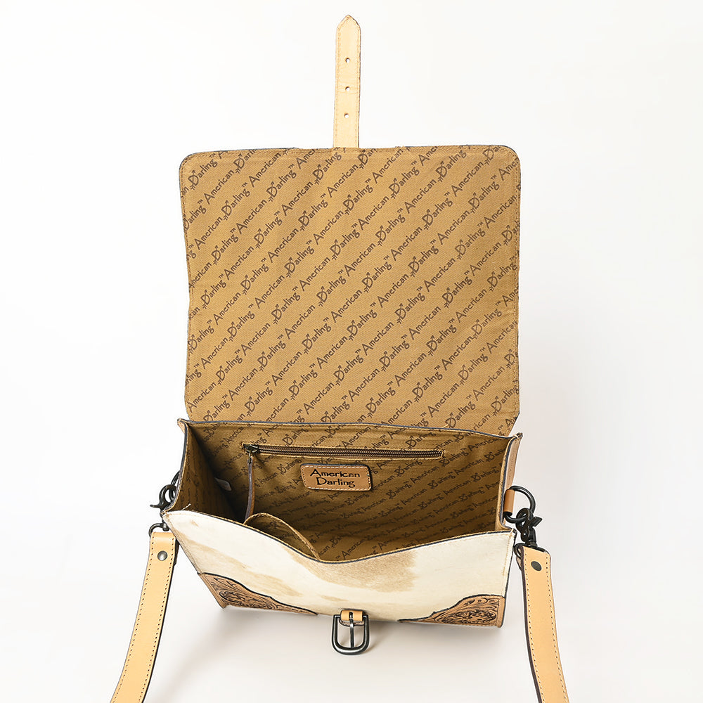 ADBGZ827 Cowhide & Hand-Tooled Leather Western Briefcase Bag - Natural Hair-On with Floral Accents