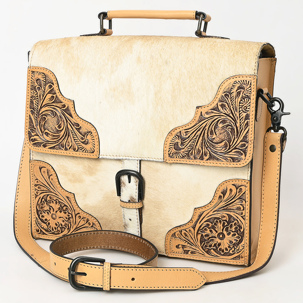 ADBGZ827 Cowhide & Hand-Tooled Leather Western Briefcase Bag - Natural Hair-On with Floral Accents